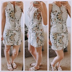 Guess jean groovy hippie flower print zip up mini dress, size 9